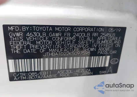 2019 Lexus Is 300 из США, поврежденный, VIN JTHBA1D22K5097598